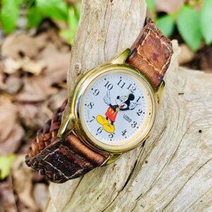 Disney LORUS V501-6N70 Mickey Mouse Gold Tone/Braided Brown Leather Womens Watch